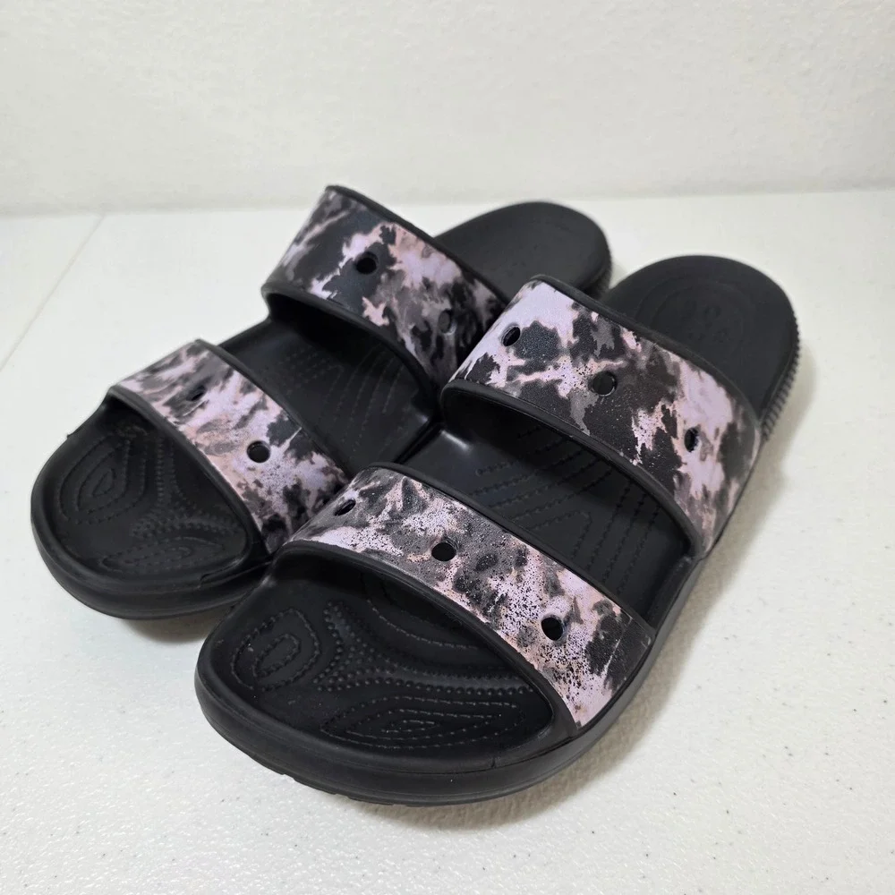 Crocs Classic Slide Sandals Mens 12 Black Bleach Tie Dye Marble Two Strap Slipon